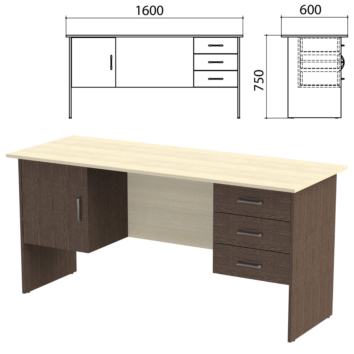 Стол Канц 1600х600х750 двухтумбовый комбинированный ск29